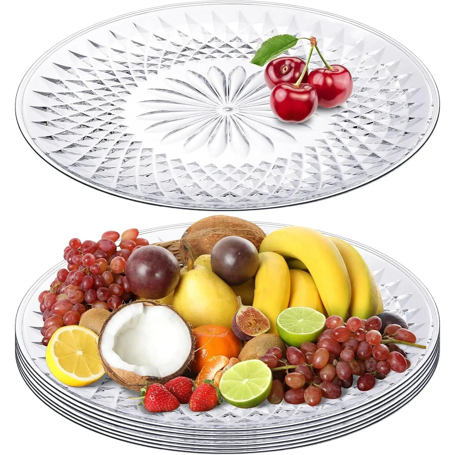 6 count Round Plastic Serving Trays Serving Platters for Party, 14 Inch Clear Thick   Plastic Plates for Cake Fruits Cookies, Ideal for Christmas Birthday Wedding Engagement Party