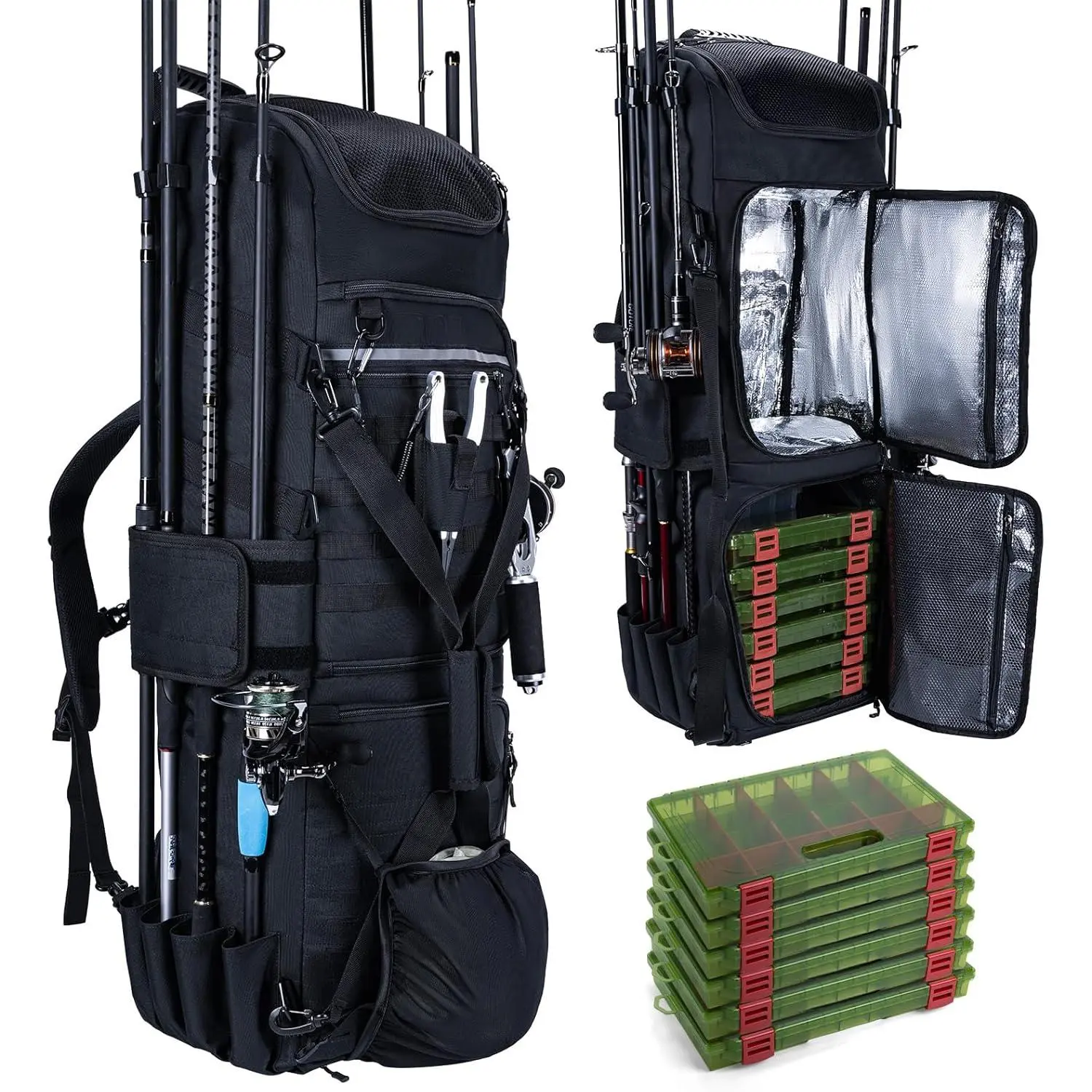Fishing Tackle Backpack with 6 Tackle Boxes Included, 116L Rod Bag with Cooler, Water-Resistant Rucksack with 8 Rod Holders  Hiking Fishing