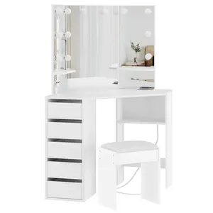 Garvee Led Corner Makeup Vanity, Vanity Desk and Stool with Light
