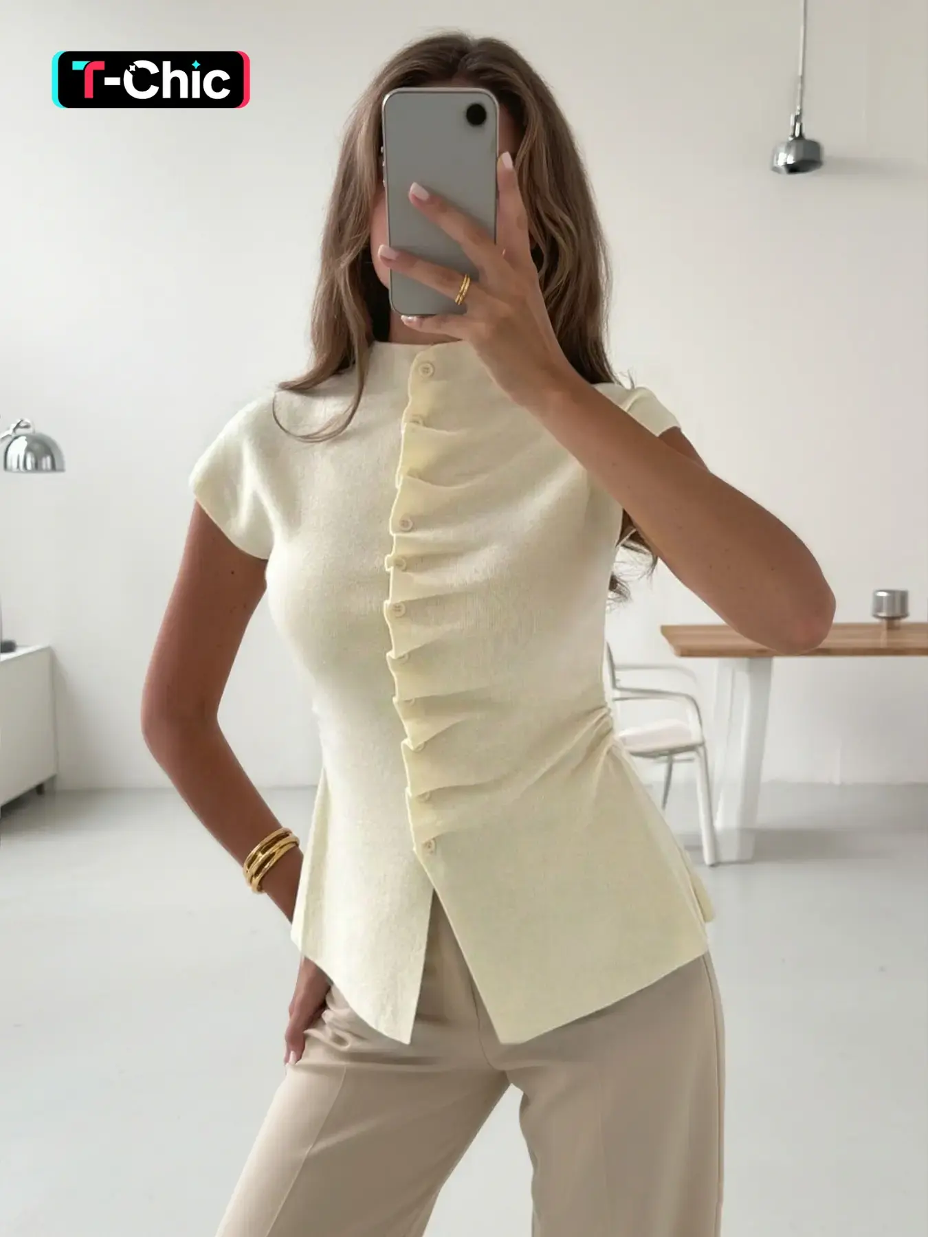 Women's White Stand-Collar Knit Top, Ruched Button-Front Cap-Sleeve Blouse, Slim-Fit Casual Knitted Shirt in Soft Stretchy Fabric, Body Hugging Tops, Office Wear, Daily Wear, Business Casual and Date Night, Spring Summer Knitwear