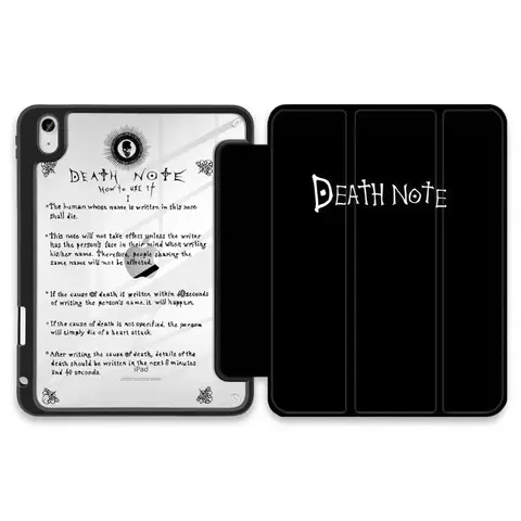 Anime Death Note Double-Sided Print Tri-Fold Folio Cover with Pencil Holder, Silk Mocha Fabric, Magnetic Transparent PC Shockproof Back Casing for iPad Series - Electronics Device Protection Accessory