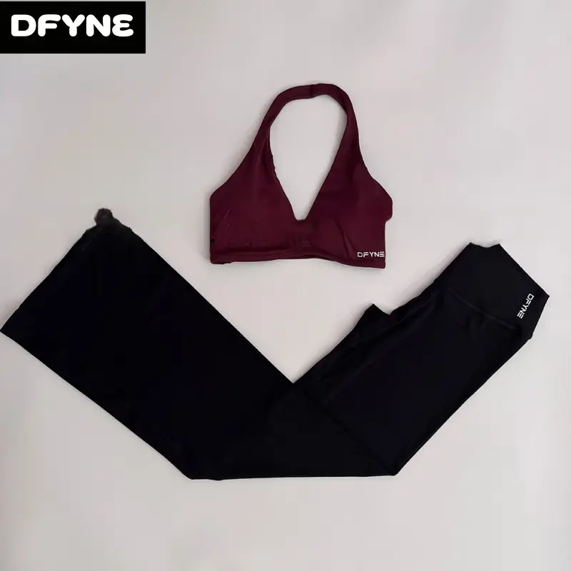 DFYNE Women's 2 Piece Seamless Matching Workout Set - Halter Crop Tank Top with Built In Bra & High Waisted Bootcut Flare Leggings, Buttery Soft Tummy Control Squat Proof Athleisure Activewear Sets