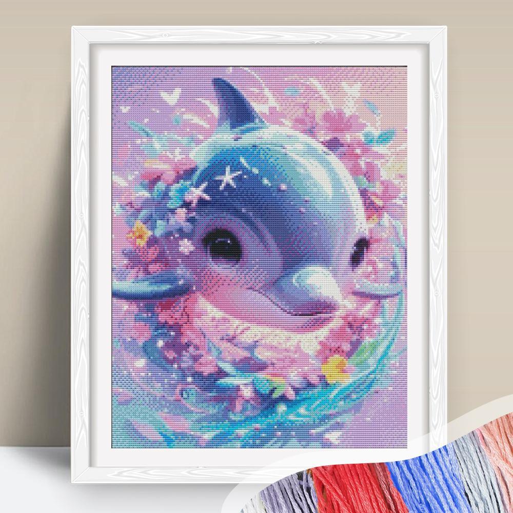 Dolphin Pattern Cross Stitch Kit, DIY Cross Stitch Printed Canvas, DIY Needlework Kit for Beginners, Home Room Decor