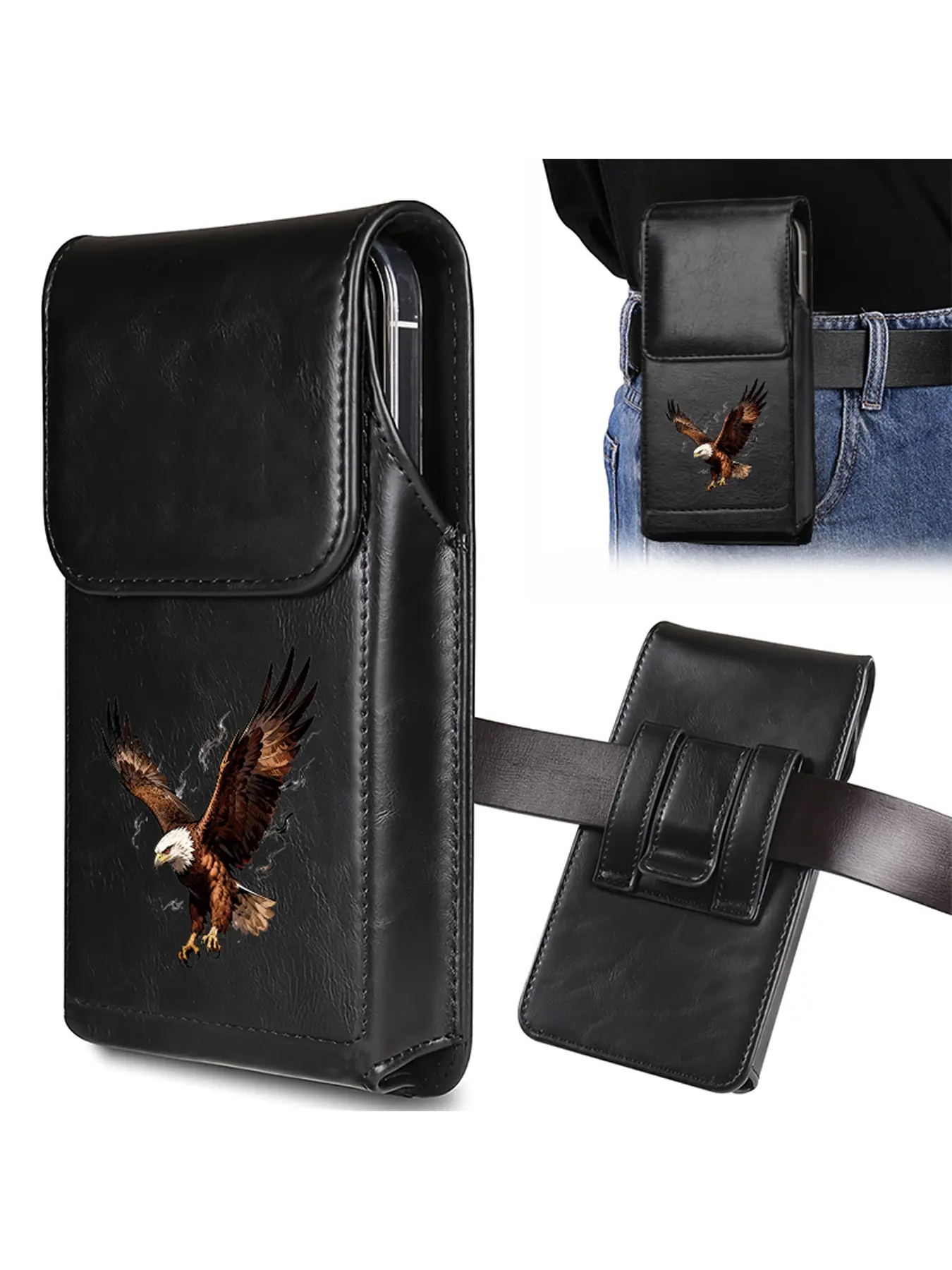 Fashionable men's waist pack mobile phone storage clip bag, decorated with eagle pattern, showcasing men's charm, suitable for outdoor activities, storing mobile phones or other small items, and giving gifts to family, friends, and colleagues
