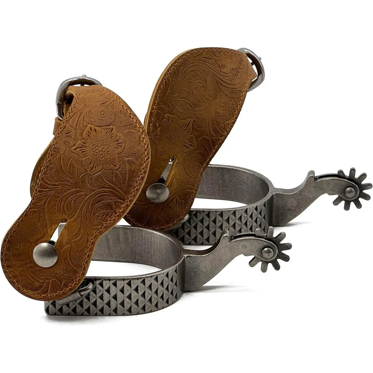 Men's Western Cowboy Spurs - Iron Construction with Antique Silver Rasp Plate, Includes Straps, 1" Band, 2.25" Shank for Riding, Western Costume & Cowboy Tack, Weathered Vintage Flair, Secure Comfortable Fit