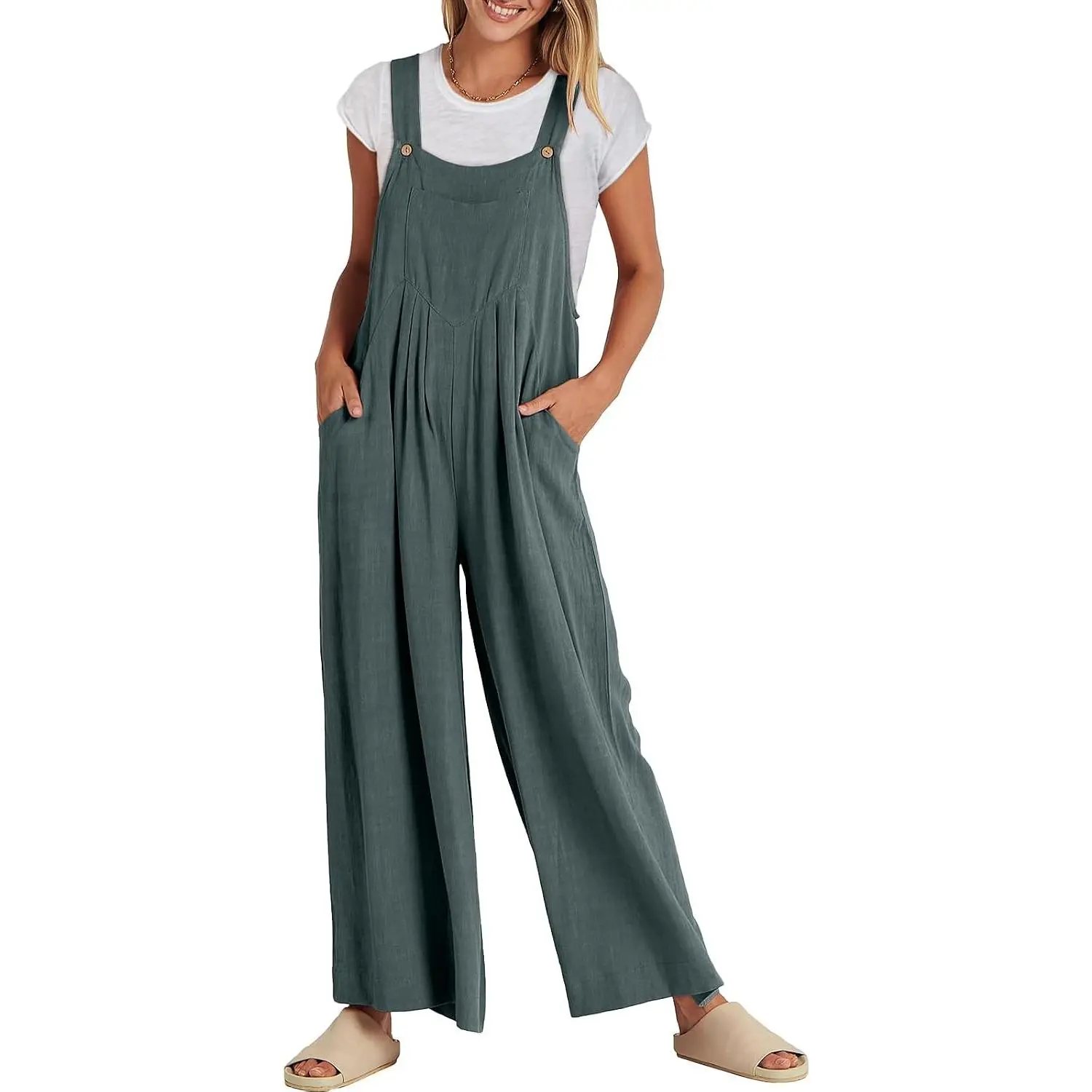 Women's Linen Fabric Full-Length Wide-Leg Jumpsuits with Pockets, Round Neck Casual 2026 Summer-Fall Beach Vacation Outfits