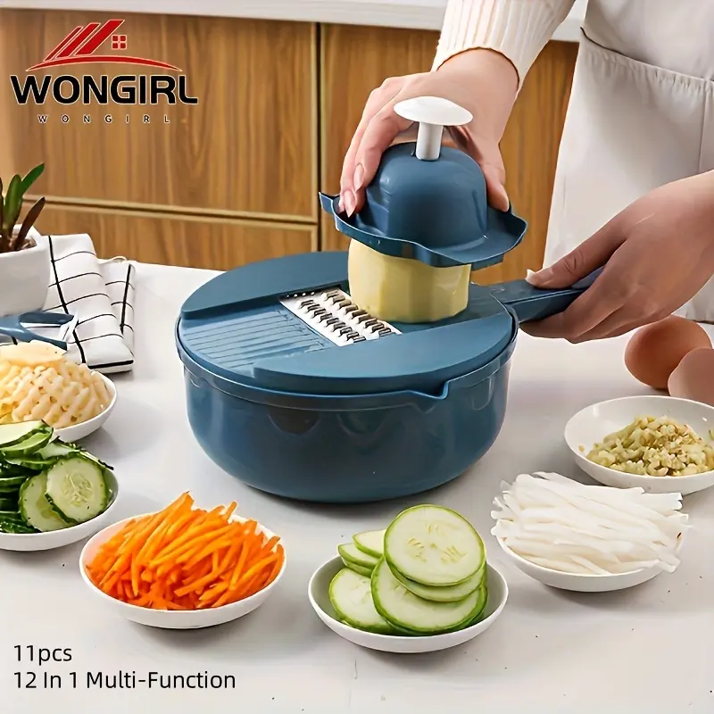 11-Piece set of 12-in-1 multi-functional vegetable chopper, suitable for carrots, potatoes, radishes, etc. - manual slicer, slicer, silk wiper - a must-have tool in the kitchen