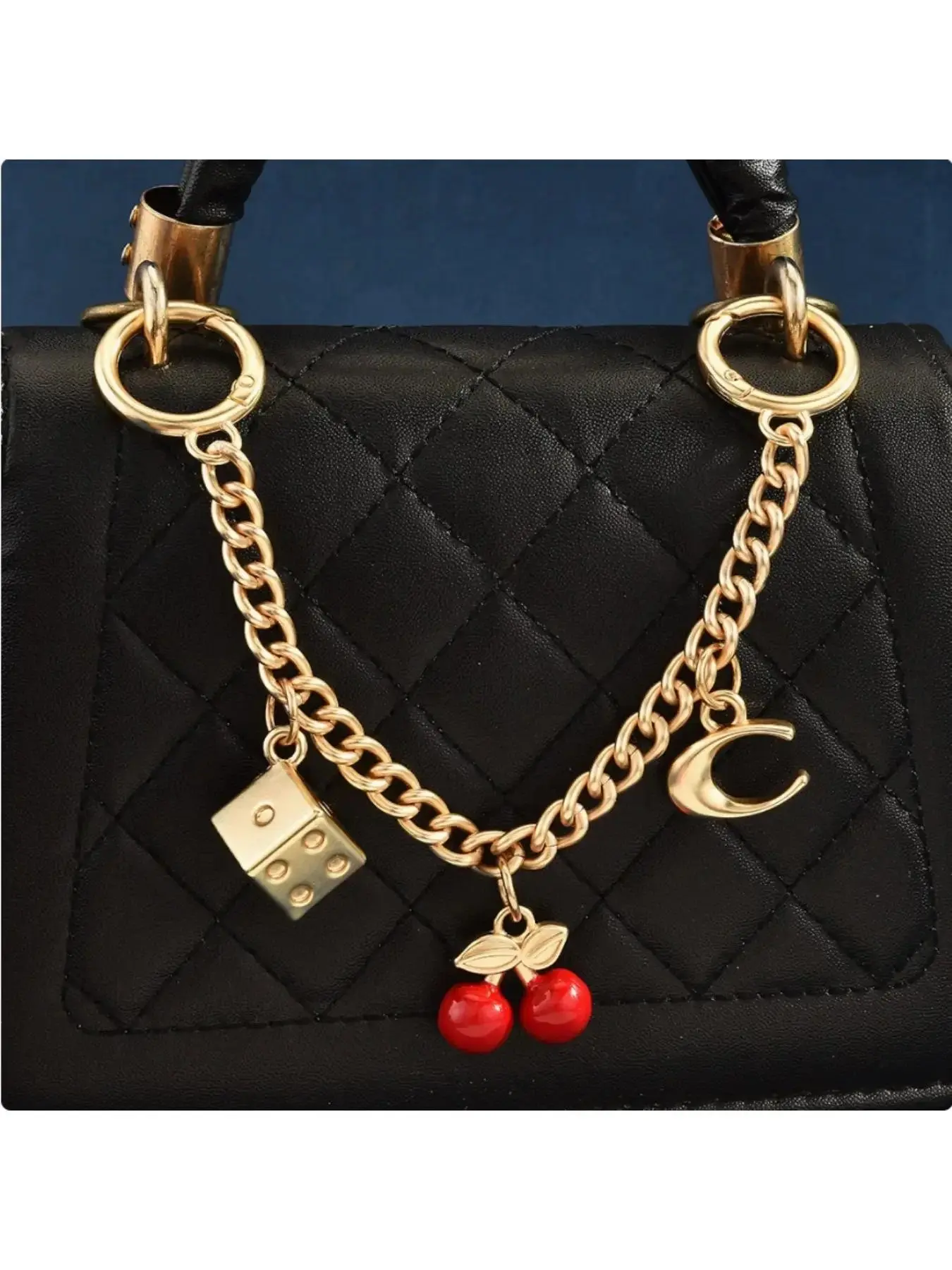 Vintage Y2K multi-element bag chain with cherry, dice and letter C pendants, fashionable bag charms, trendy accessories for girls, students and office workers, luggage and bag fittings, Bag charms for handbags, Purse Accessories