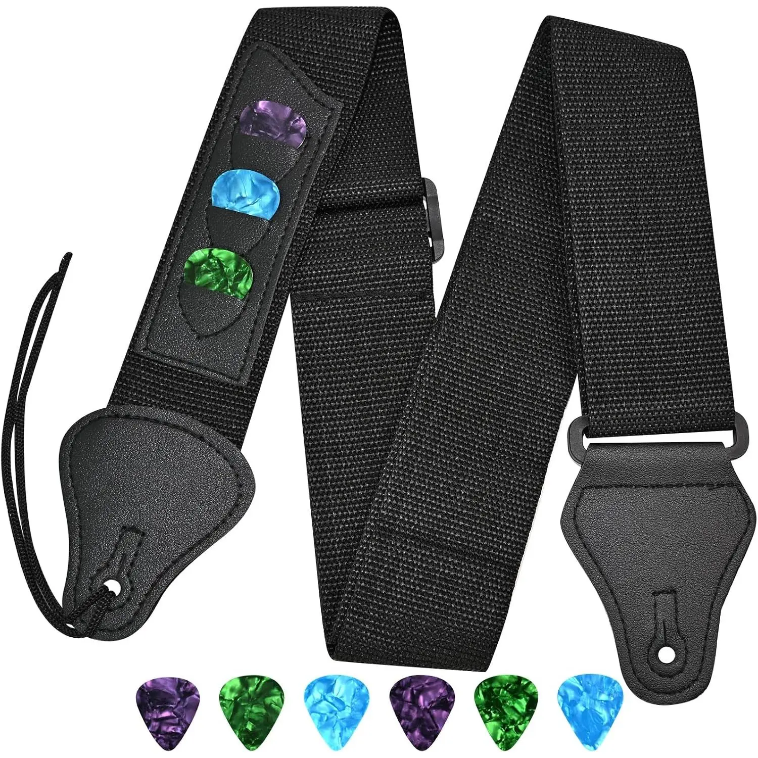 Guitar Strap with 3 Pick Holders and 6 Picks - Compatible with Acoustic Guitar, Bass Guitar, And Ukulele