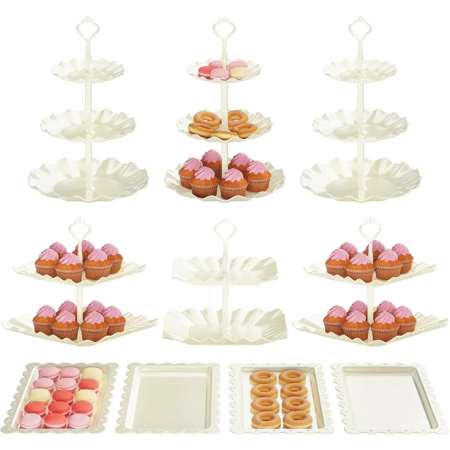 10 Pack Cake Stand Set with 3 x Two-Tier and 3 x Three-Tier Cupcake Stands, Plastic Dessert Table Stand Set 3 Tired Cookie Tray and 4 Pcs Dessert Trays