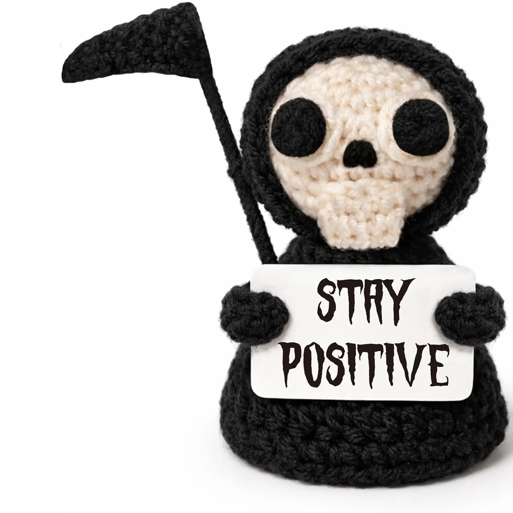 Funny Gothic Grim Reaper Crochet Plush - Spooky Cute Office Decor & Dark Humor Gift - Stay Positive Sarcastic Halloween Basket Stuffers for Coworker Friend White Elephant Adult