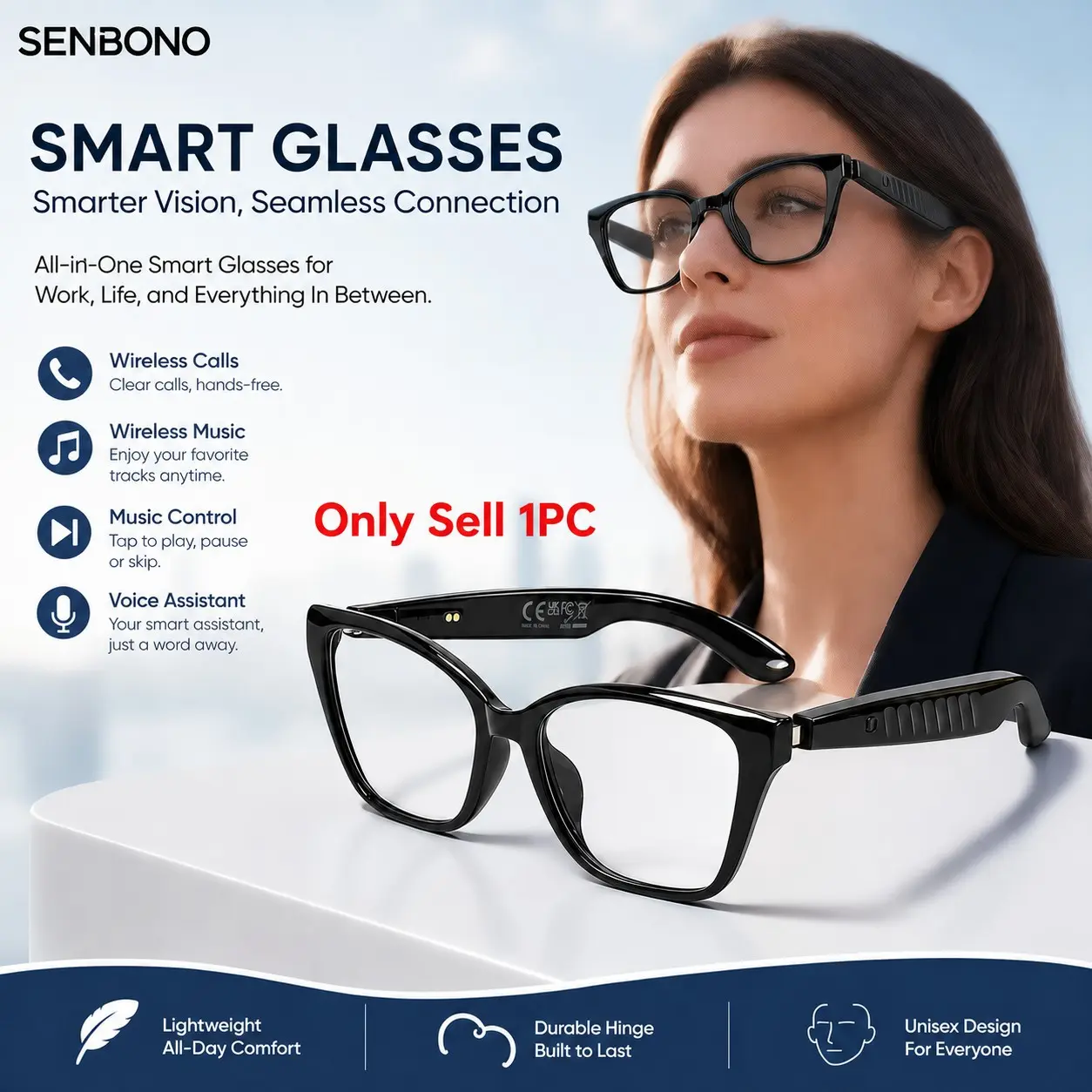 Senbono Wireless Smart Bluetooth Audio Glasses with Call & Music Playback, Multifunctional Wearable Smart Glasses, Stable BLE 5.4 Connection, Dual Magnetic Fast Charging, Ultra Light 28g Comfort Fit, Ideal for Driving, Cycling & Business Travel