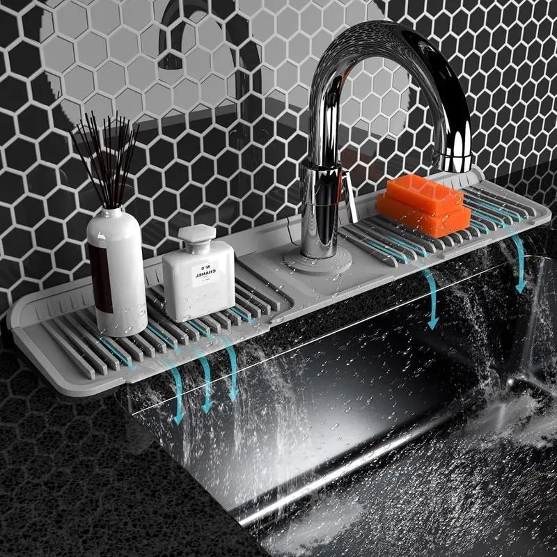 TerraGlow Living Customizable Silicone Kitchen Sink Faucet Splash Guard, 18" x 5.5" Food-Grade Eco-Friendly Mat with Button-Lock Draining, Leakproof Quick-Drying Foldable Sink Protection Accessory, Drying Mat, Heat Resistant