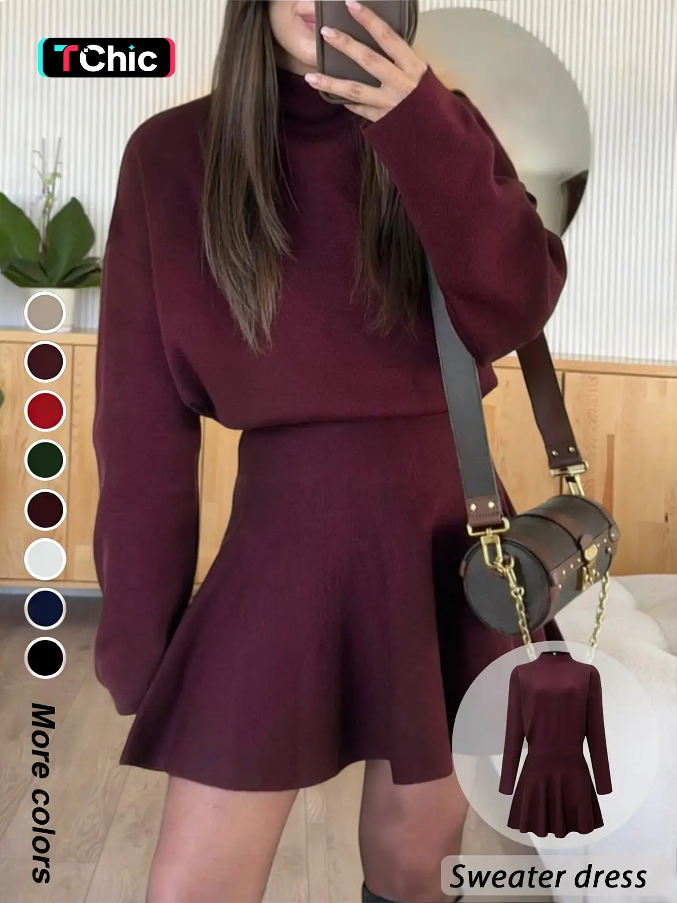 Women's Casual Basic Everyday Mock Neck Soft Sweater Dress, Casual Wear Fall/Winter Long Sleeve Solid Relaxed Fit Knit Dress Womenswear Casual Daily Outfit Casual Dresses