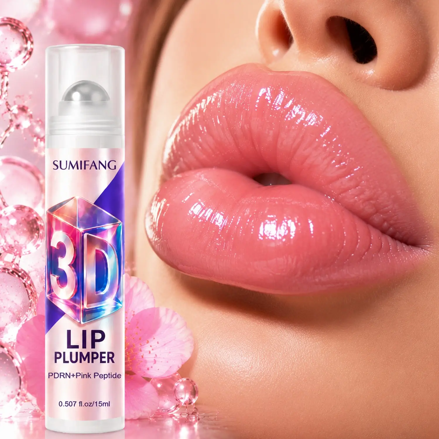 SUMIFANG PDRN+ Pink Peptide Lip Plumping Serum (15ml) – Plumps the appearance of lips, hydrates and smooths; features PDRN+, collagen, and hyaluronic acid; delivers a mirror-like shine with a non-sticky finish; includes a 360° rollerball applicator.