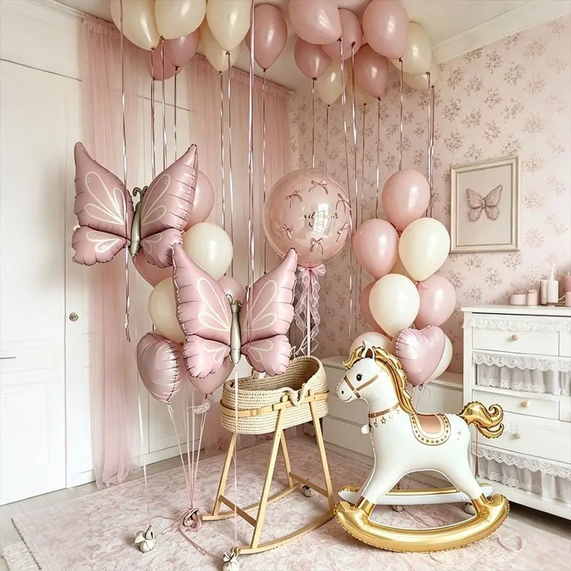 47-piece pink-themed carousel balloon set,Featuring a pink matte butterfly aluminum film , Heart Shaped Balloons, Latex Balloons, Perfect for Butterfly-themed party, baby shower, gender reveal，Girly Best Friends Gathering,Girl's Birthday Party