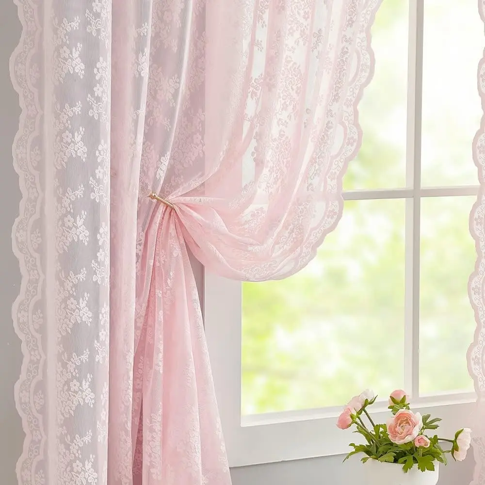 Vintage Lace Curtains 63 Inches Length- Cute Sheer Pink Curtains for Girls Bedroom Light Pink Floral Short Window Drapes Princess Girls Room Coquette Decor 2 Panels 52 x63 Inch