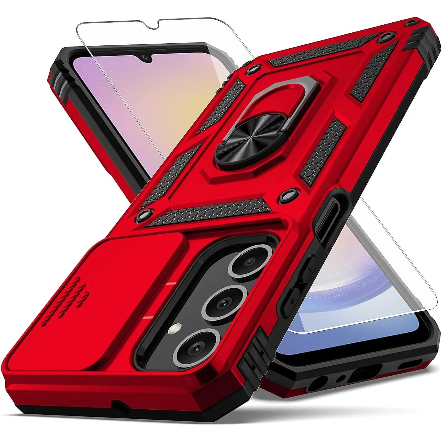 for Samsung Galaxy A25 5G Phone Case,Galaxy A25 5G Phone Case with Camera Lens Cover HD Screen Protector,[Military Grade] Car Mount Kickstand Shockproof Protective Case for Samsung A25 5G, Red