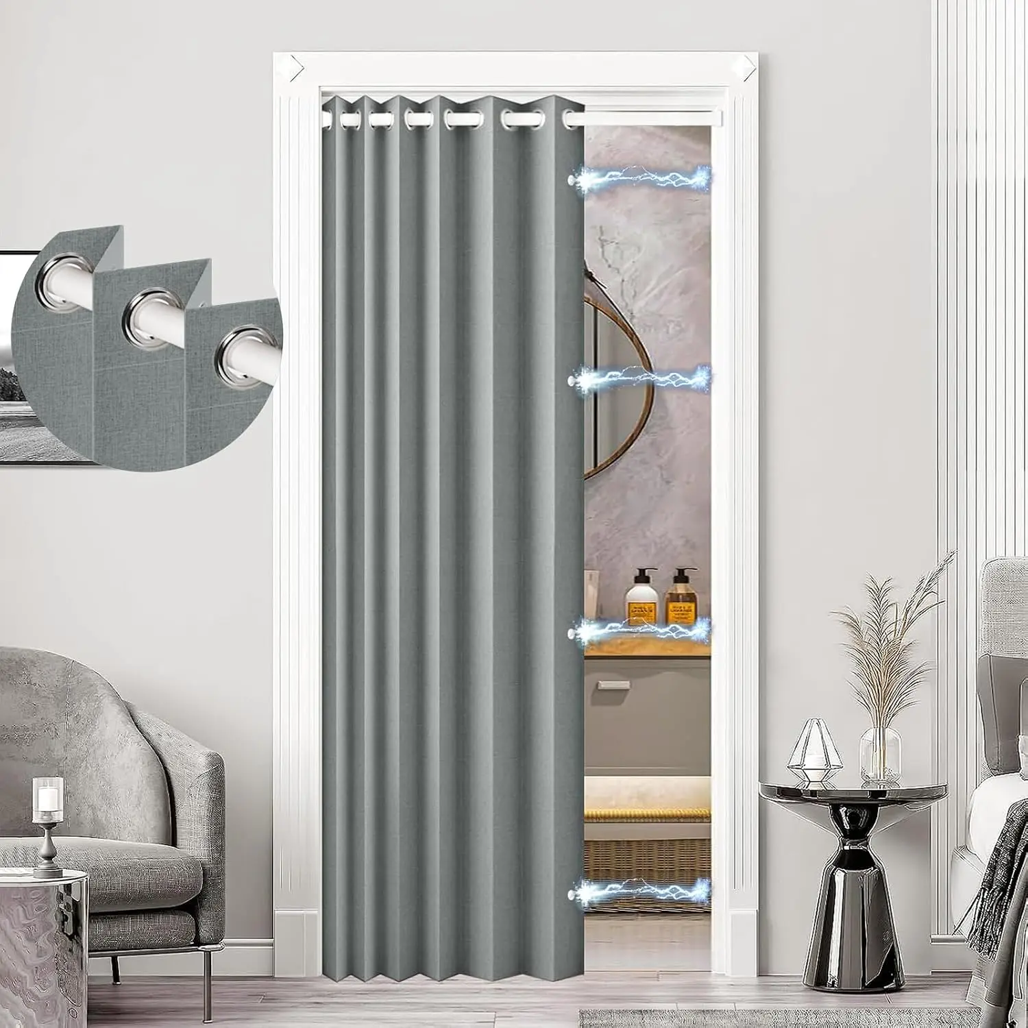 Single Panel 100% Blackout Privacy Magnetic Door Curtain - for Closet, Hallway Doorway, 45in x 80in, Gray