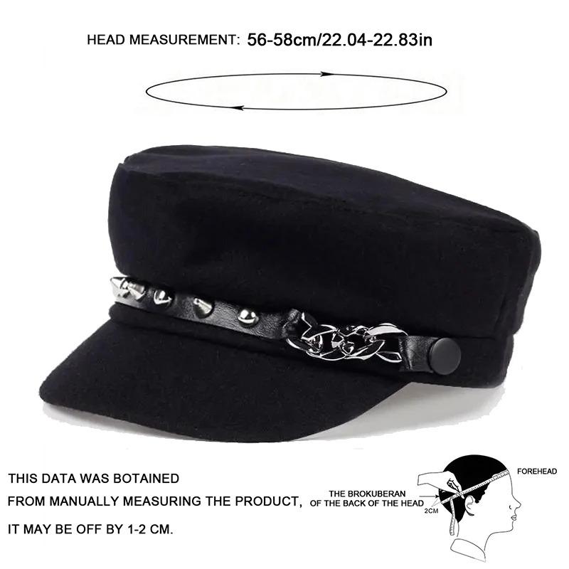 Unisex Rivet Chain Military Caps Spring Autumn Sailor Hats Women Large Black Beret Caps Men Flat Top Captain Navy Hats