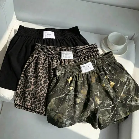 3-Pack Women's Summer Solid + Camo Tree Pattern + Leopard Print Logo Side Pocket Loose Sporty Shorts, Elastic Waist Design, Essential Shorts for Casual Outdoor Wear, Sports Fitness, and Street Style Outfits