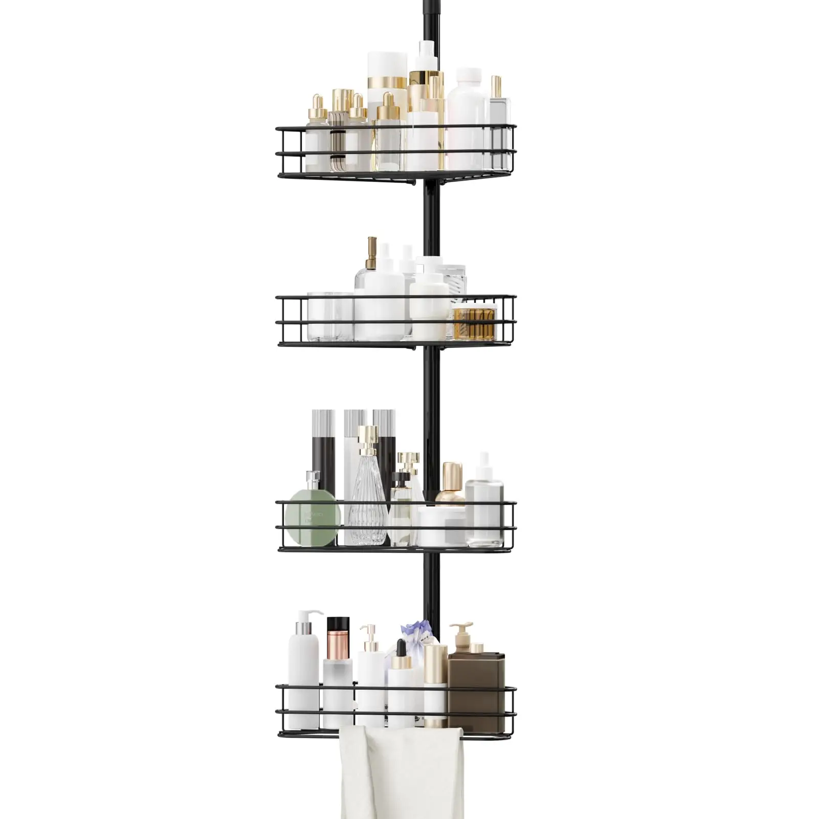 Garvee Adjustable Corner Shower Caddy Tension Pole, 76-110 in, 4-Tier Rustproof Bathroom Organizer Shelves with Built-In Towel Bars, Space-Saving Black Bathroom Storage Solution