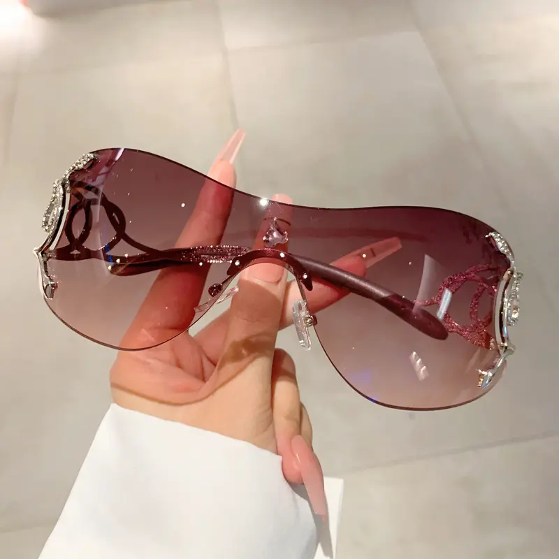 Baddie Y2K Vintage Rimless Snake Shield Sunglasses Silver Rhinestone Serpent Temple Brown Gradient Visor Sun Glasses for Women Party Rave Festival Streetwear