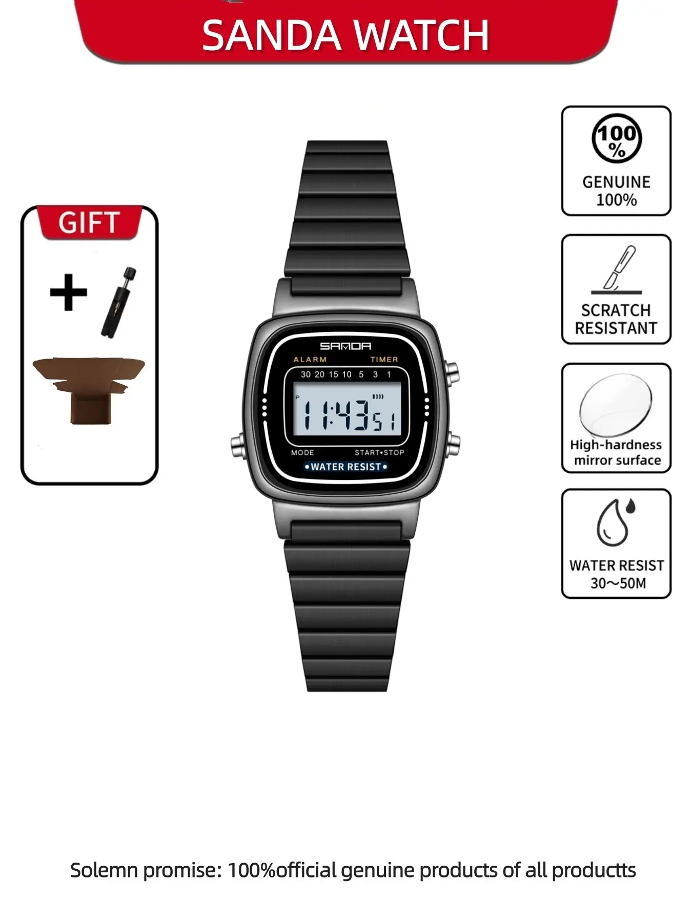 Sanda New Digital Watch, Small Square Double Buckle, Electronic Multi-Functional, Men's and Women's Fashion Trend Watch, Fashionable Waterproof Watch, Water Resistant Watch