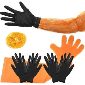 50 Pairs Disposable Field Dressing Gloves Combo with Long Arm Glove and Short Nitrile Glove for Deer Gutting Hunting Cleaning Accessories