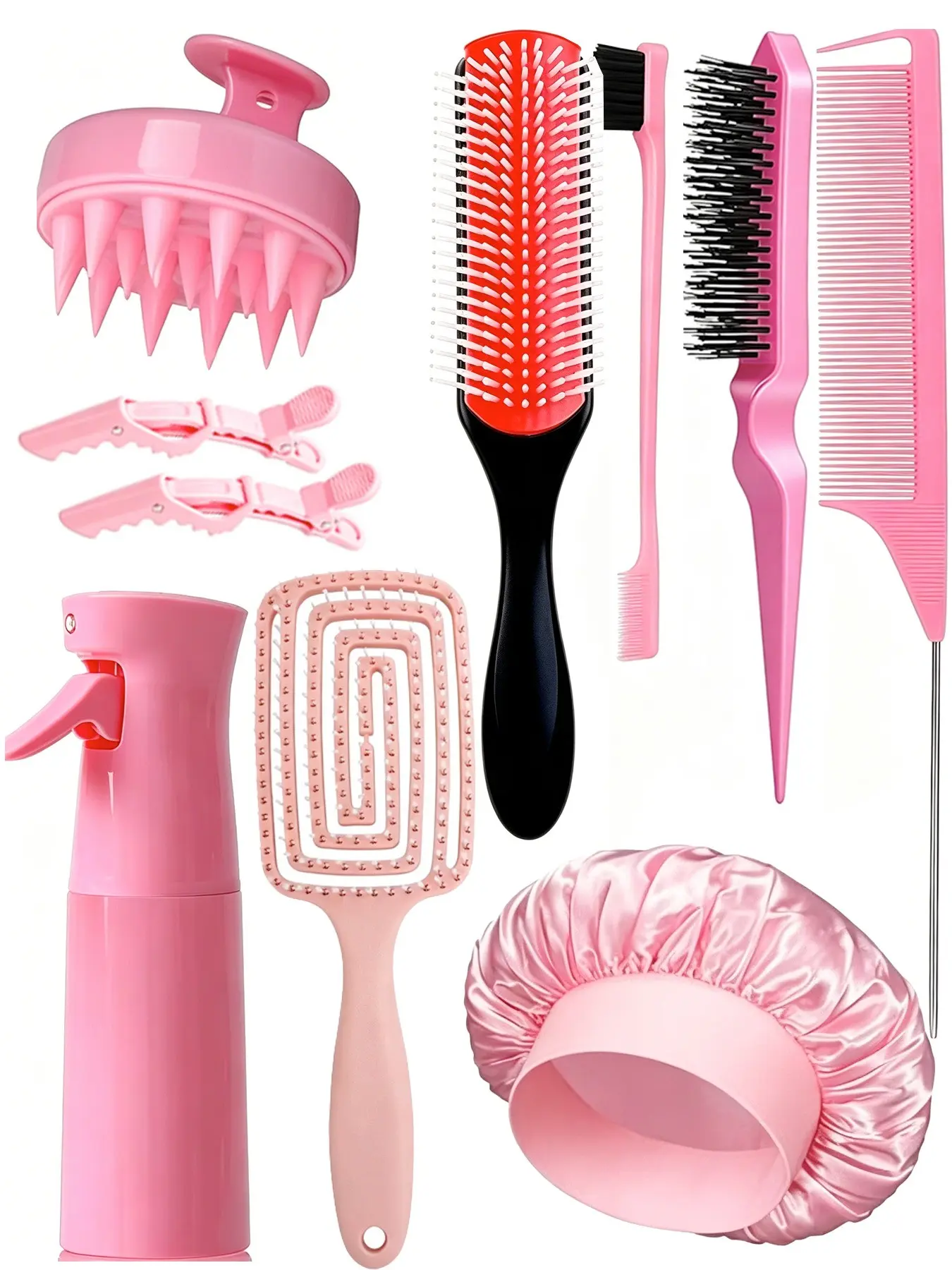 10 Piece Hair Brush Set with Sleep Cap, Styling Brushes, Hair Grooming Brush, Spray Bottle, Suitable for Dry Wet Hairstyles, Adults & Kids