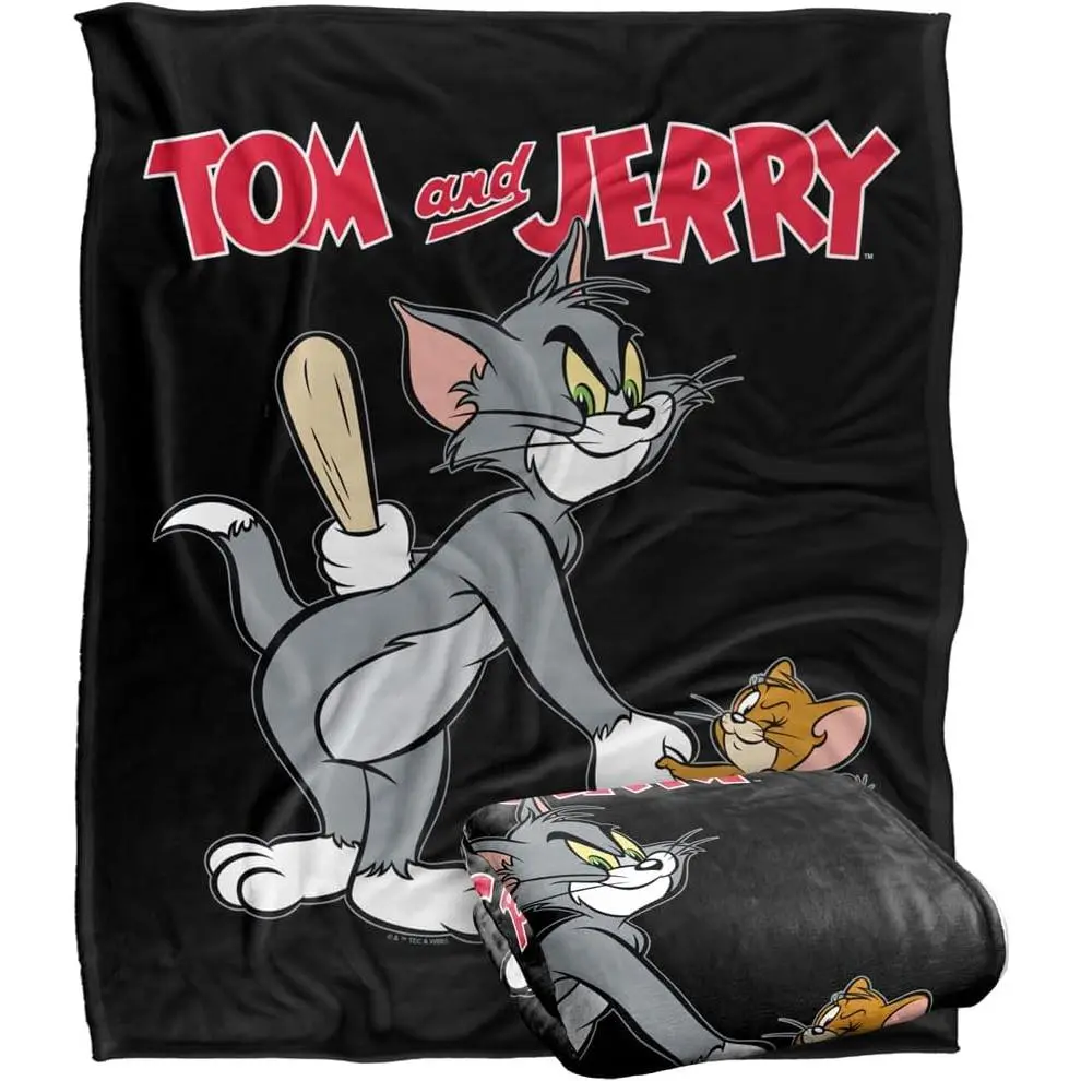 Tom and Jerry Classic Cartoon Flannel Blanket, Black Background Pattern, Lightweight Sofa Bed Cover, Vintage Anime Fans Suitable Bedding for All Seasons, Creative Holiday Gift for Cartoon Enthusiasts