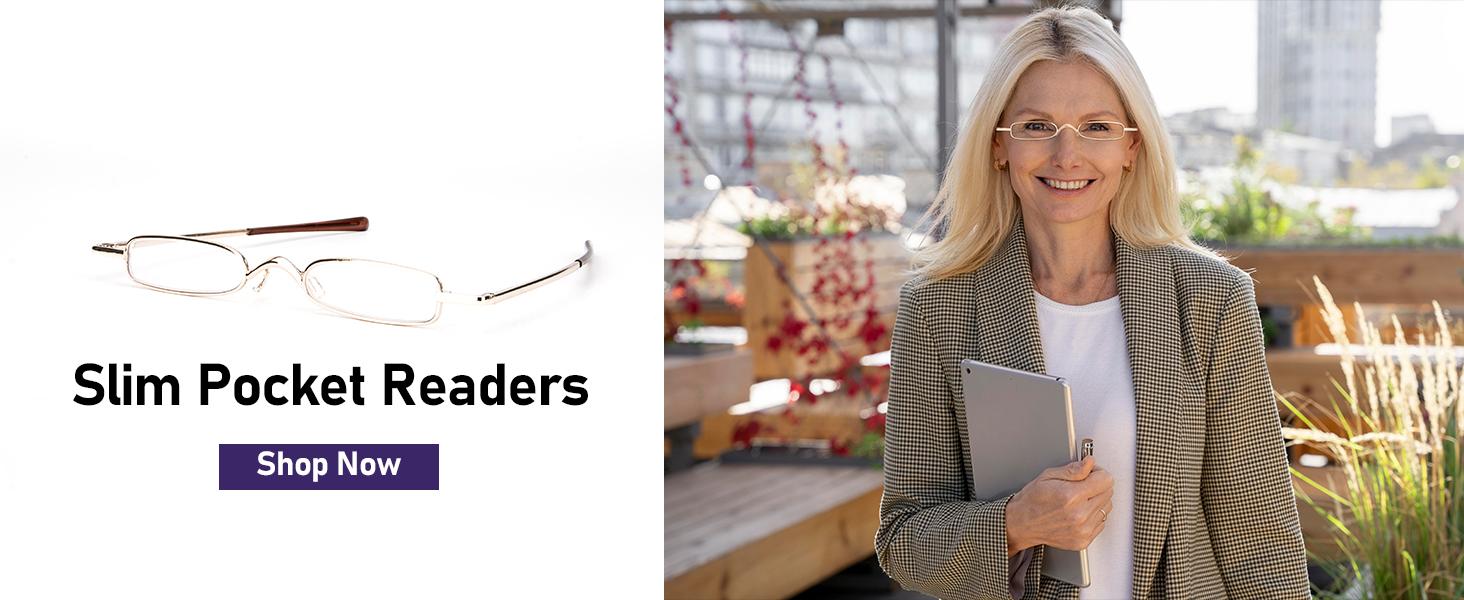 Small Reading Glasses Men Women 3 Pairs Slim Pocket Readers with Pen Clip Metal Case Spring Hinge 2.25