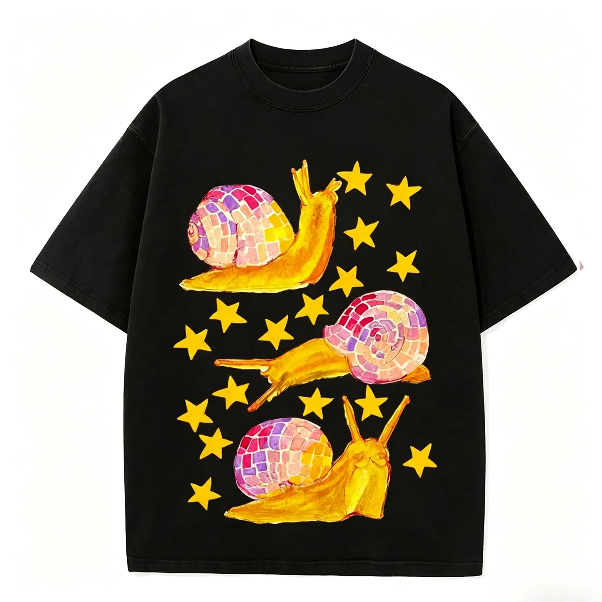 Disco Snail Golden Star Graphic T Shirt Colorful Mosaic Shell Party Snail Print Unisex Crew Neck Streetwear Short Sleeve Tee Retro Disco Aesthetic,Y2K Party OOTD Funky Bestie Matching Gift