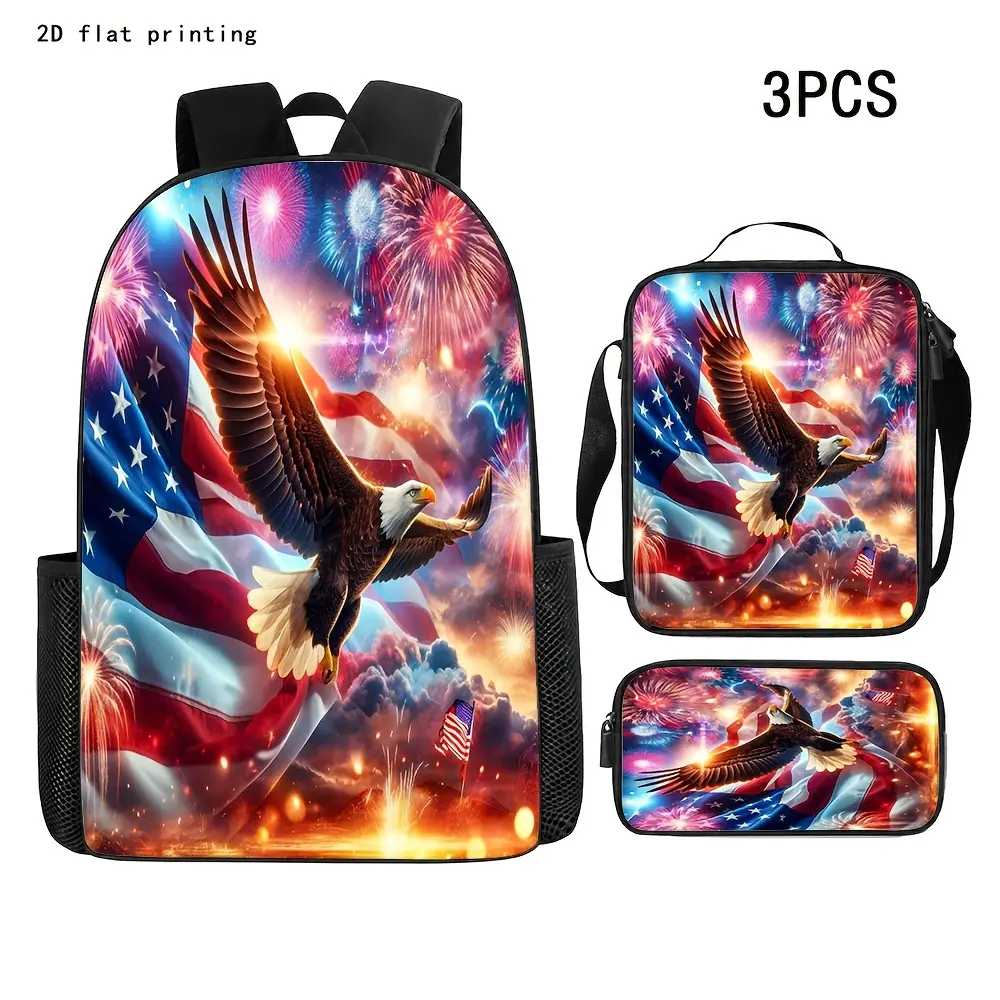 Patriotic 3-Piece Oxford Cloth Backpack Set for Teens - Durable, Water-Resistant, Lightweight School Bag with Lunch Box, Firework Art & Bald Eagle American Flag Print, 15in Laptop Bag with Soft Padded Straps, Roomy Size for School Use, Patriotic Look