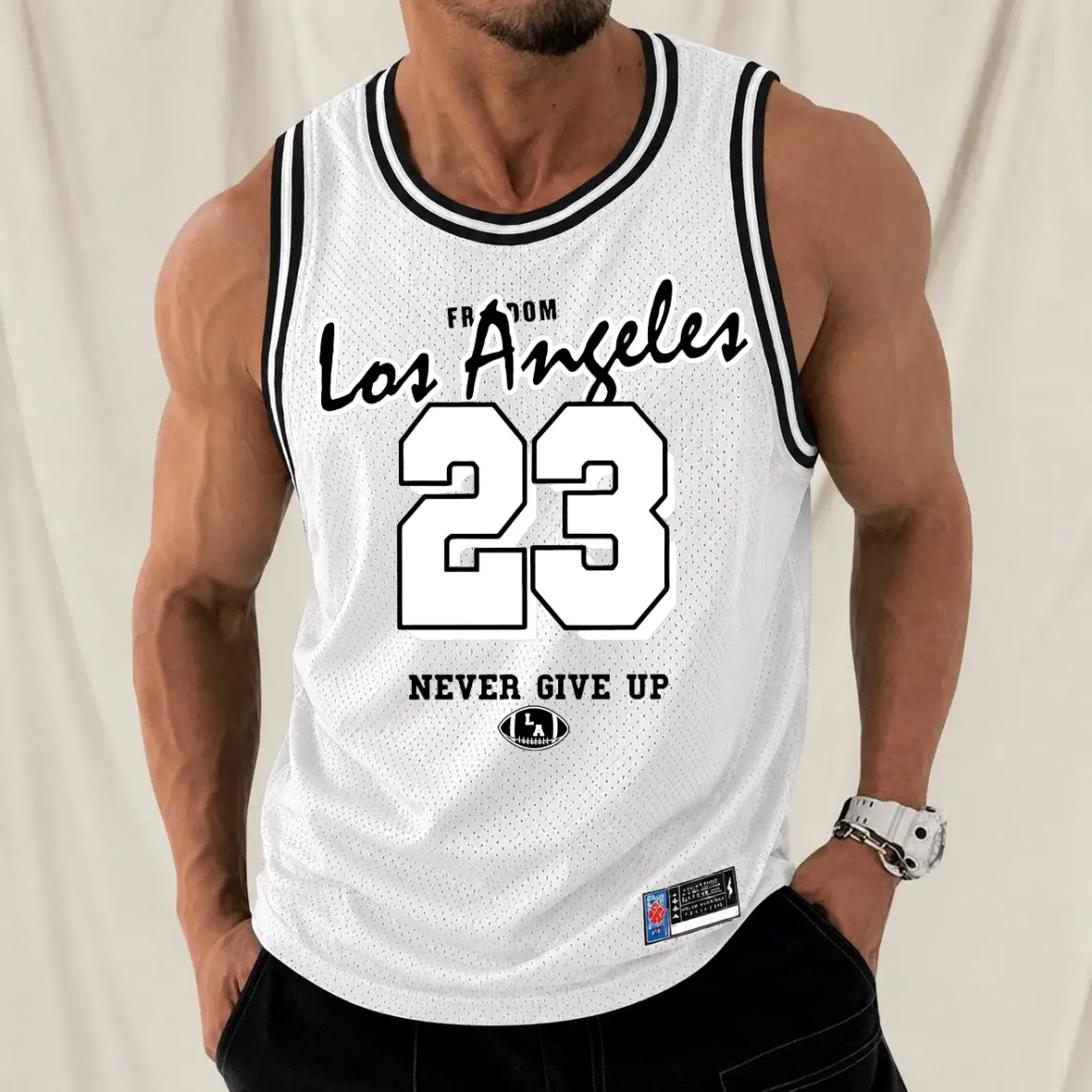 Men's Retro Mesh Tank Top "Los Angeles 23 Never Give Up" Basketball Graphic; A Sleeveless, Athletic Jersey-Style Top Designed For Breathability—Perfect For Workouts, Running, Or Casual Street-Style Summer Wear.