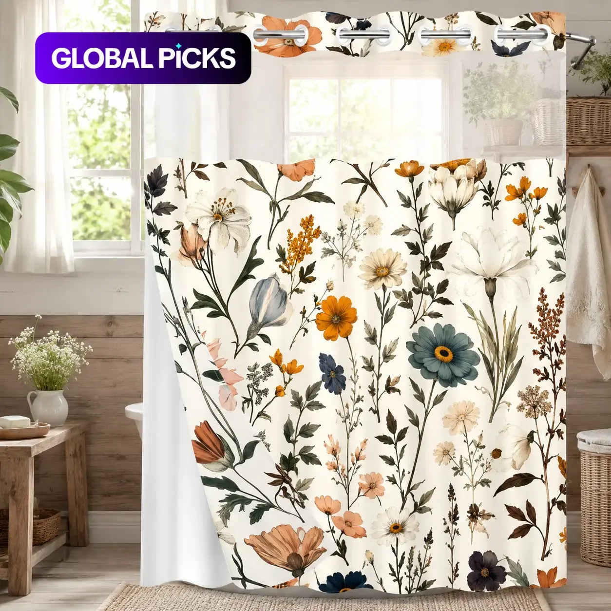 1PC 2D Flat Floral Pattern Double-Layer Woven Shower Curtain (No Hooks), Transparent Top Window, Removable liner with snap-on lining, Modern and Personalized Bathroom Partition Art Decoration, Bathroom Decor, Holiday Decoration