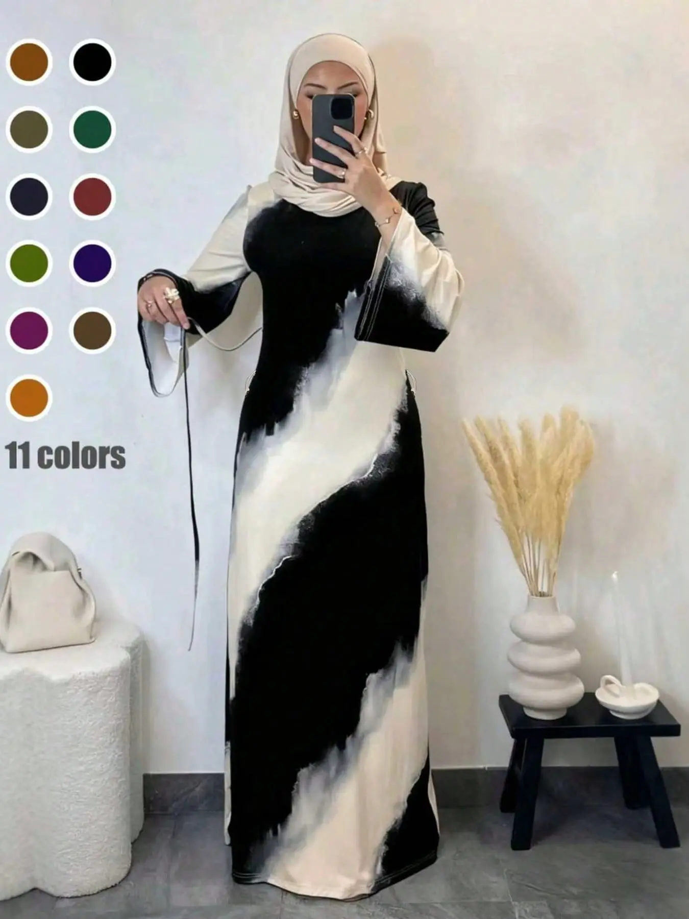 Muslim Women's Casual Slim-Fit Long Sleeve Dress, Elegant Printed Maxi Dress for All Seasons, Comfortable Daily Wear