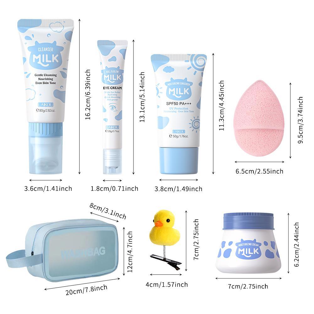 Moisturizing Hydrating Milk Skincare Kit, 1 Set Including 80g Gentle Cleansing Cleanser, 20g Eye Cream, 55g Hydrating Moisturizing Cream, 50g UV Sunscreen, 1 Sponge, 1 Duck Decor Hair Clip, 1 Bag Moisturizer Hydrate