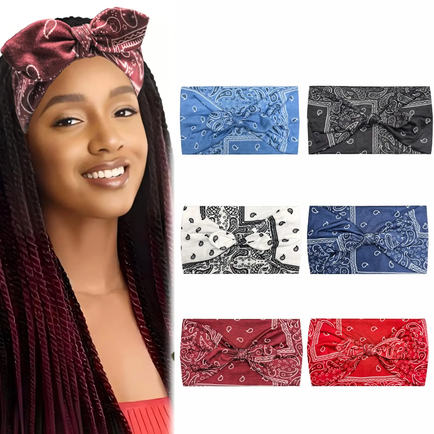 6 Pack Vintage Paisley Bow Headbands for Women, Wide Synthetic Turban Headwraps, Non-Slip for Makeup & Sports