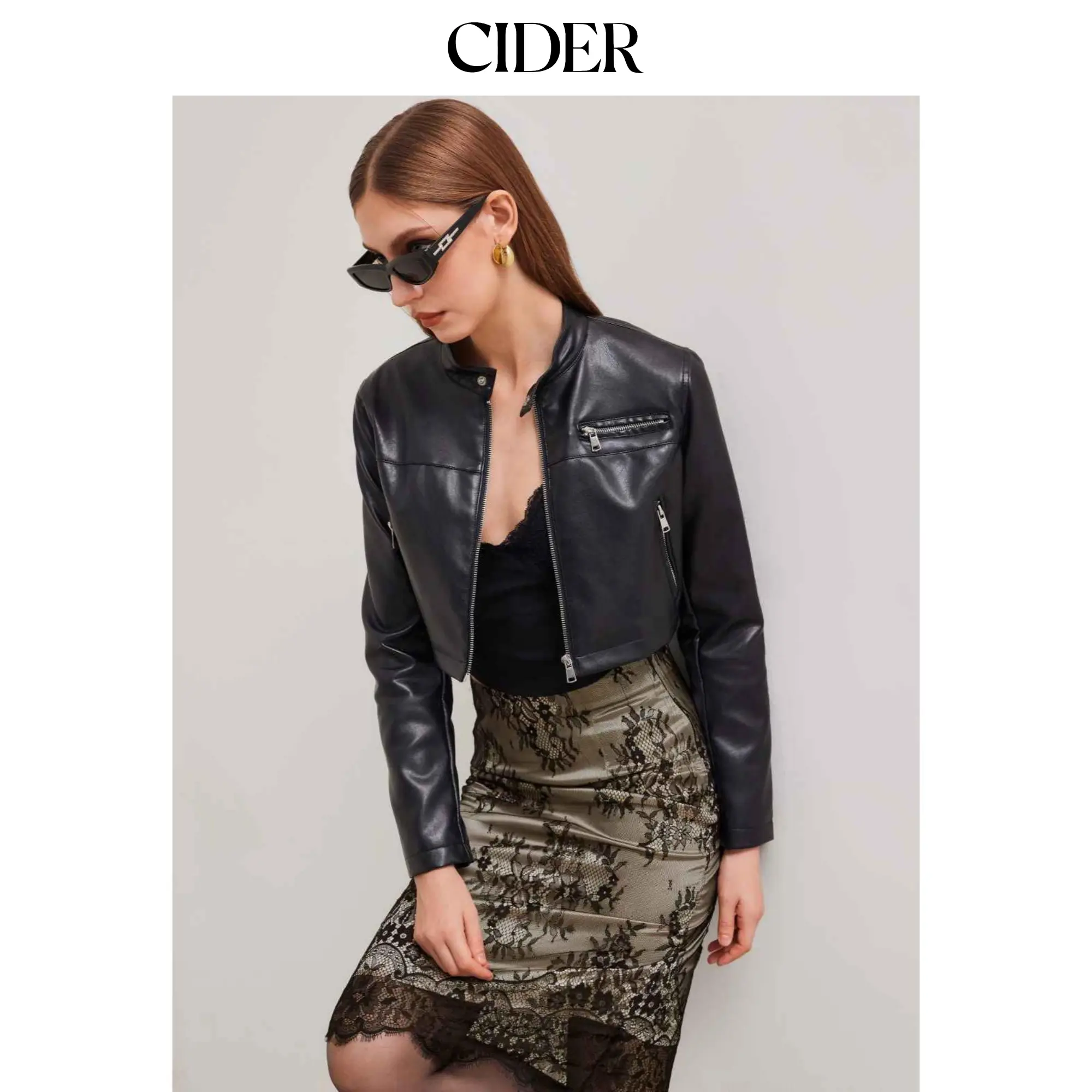 Cider Faux Leather High Neck Solid Pocket Biker Crop Jacket SummerFinds