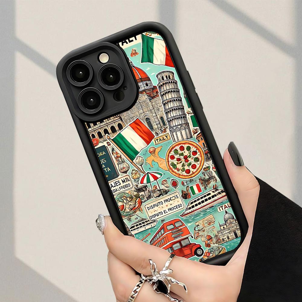 Italian - themed Travel Elements Pattern Phone Case Fashionable Popular Shock - Proof Anti - Fingerprint Full Coverage Thick Protective Soft Case Compatible with iPhone 17 E Air Pro ProMax iPhone16 15 14 Plus 13 12 Mini 11 X XS XR