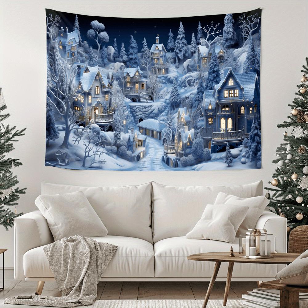 Winter Wonderland 3D Wall Tapestry, Cozy Snow Scene Holiday Backdrop, Transform Your Living Room with Festive Aesthetic for Christmas & New Year Decor
