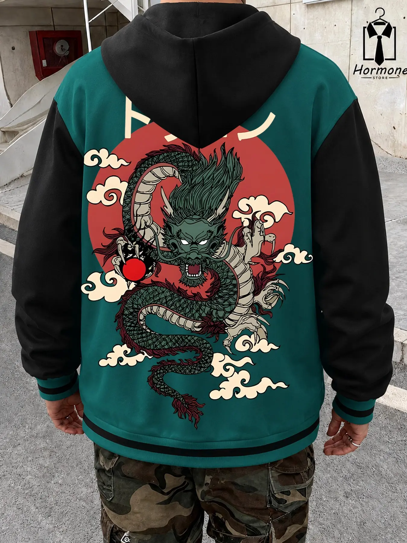 Japanese Streetwear Dragon Graphic Varsity Jacket - Long Sleeve Oversized Harajuku Bomber Coat with Bold Back Print & Katakana Text, Perfect Casual Outerwear for Skater Boys & Unisex Daily Outfit