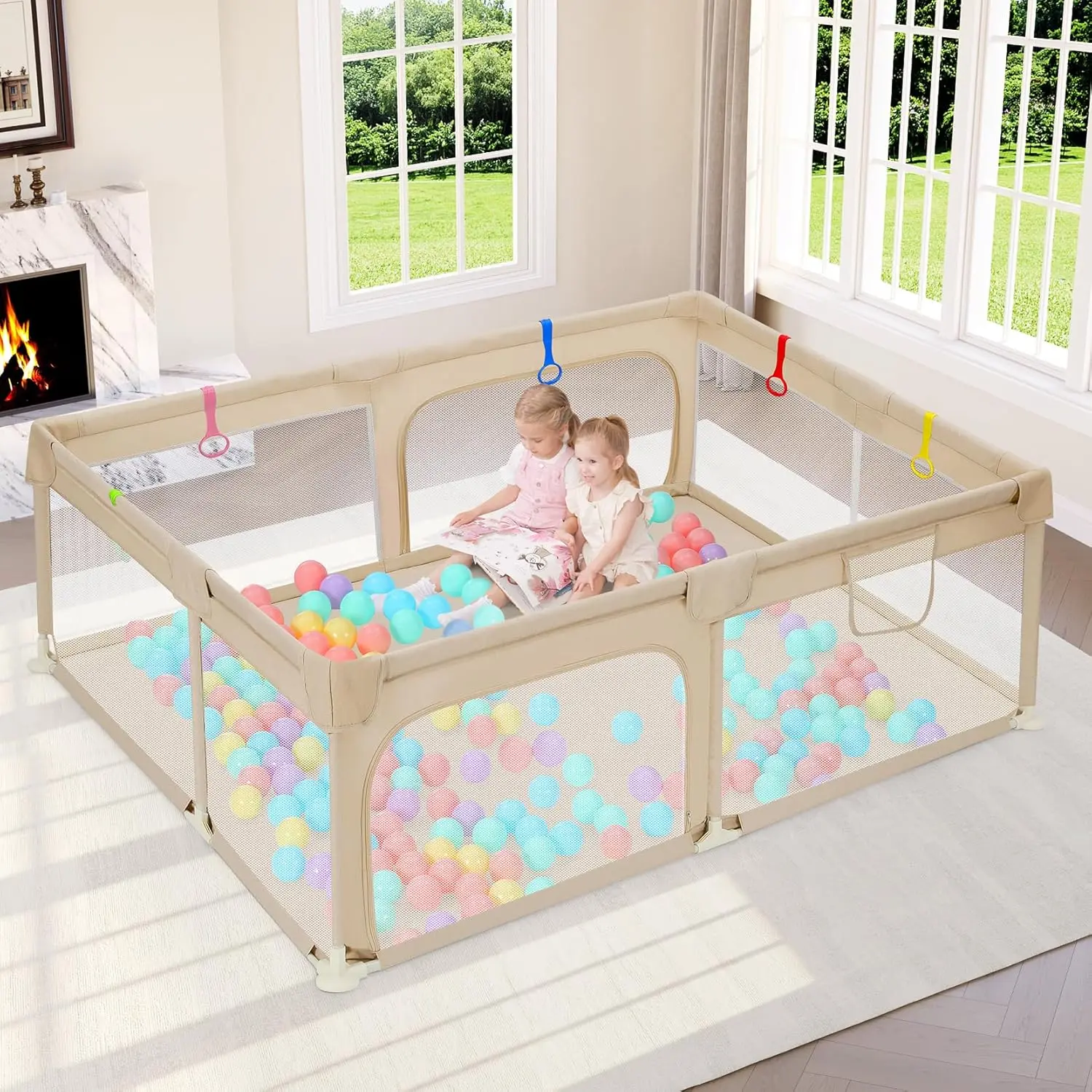 Large Baby Playpen 71"x47", Big Play Pens  Babies and Toddlers- Indoor & Outdoor Kids Safe Play Area, Soft Breathable Visible Mesh, Anti-Fall & Anti-Slip Design Baby Fence, Beige