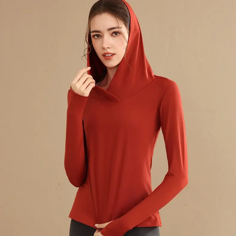 Women's Hooded Quick-Dry Long Sleeve Slim Fit Yoga Shirt, Breathable Sports Sweatshirt for Yoga, Running, Gym Workouts