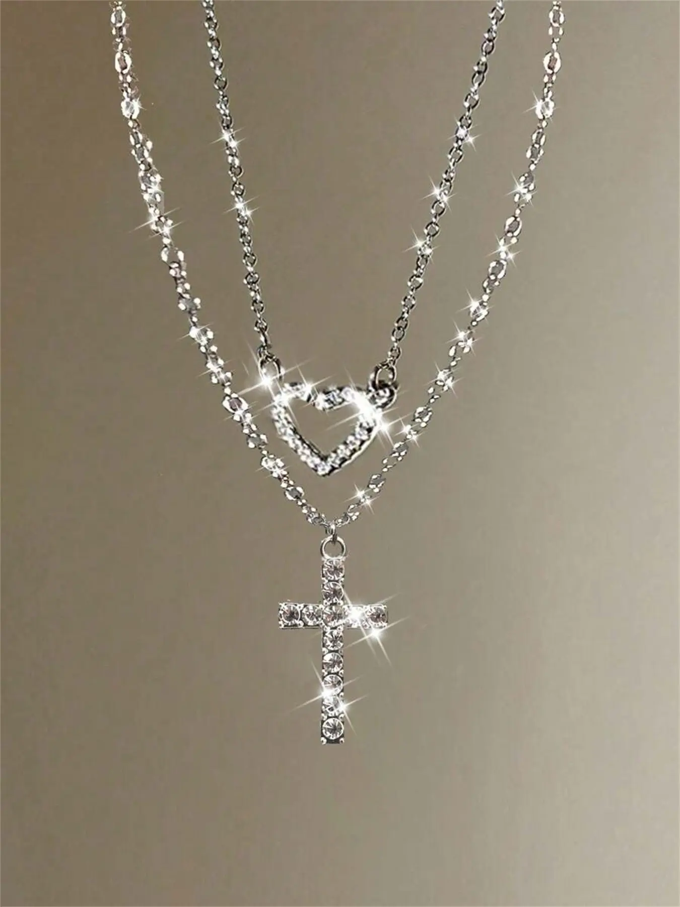2pcs Luxury Rhinestone Cross & Heart Pendants, Multi-Layer Necklace Set, Elegant Jewelry Gift for Women, Perfect for Valentine's & Mother's Day