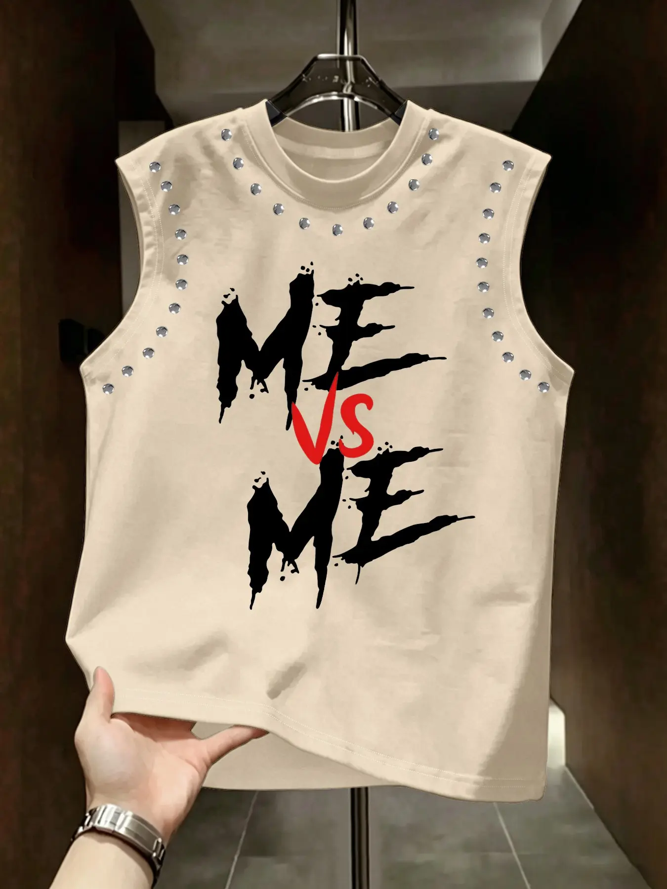 Summer Men's Letter Print Baggy Vest, Loose-Fitting Round Neck Sleeveless Top, Handmade Beaded Design, Casual Streetwear Style Fashion Vest