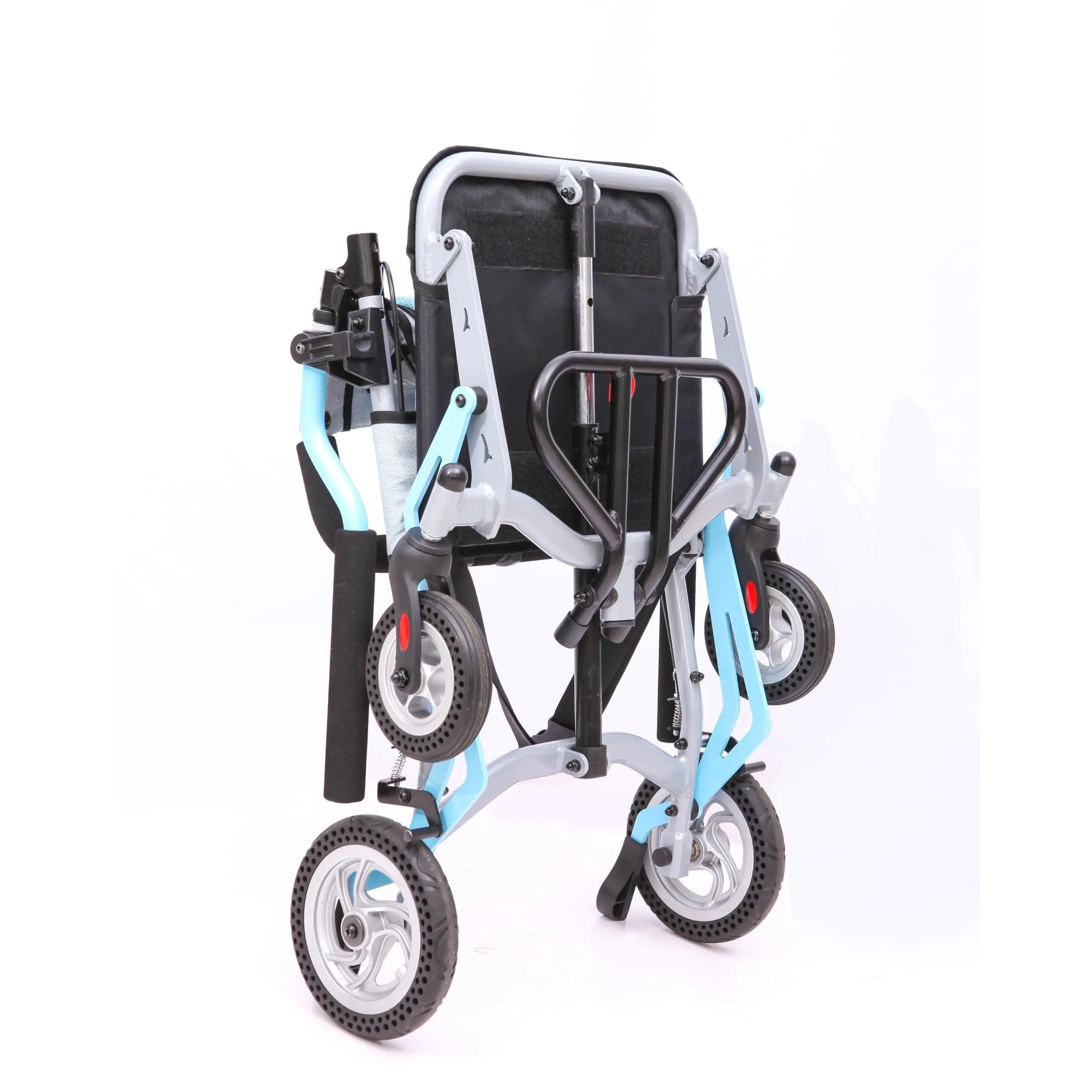 GAOMON Ultra Lightweight Folding Transport Wheelchair – 16" Seat – Attendant & Caregiver-Friendly – Portable for Travel – Removable Turn Over-Up Armrests – Swing-Away Footrests – Locking Handbrake – Supports up to 220 lbs – 24.25 lbs – Gray Blue