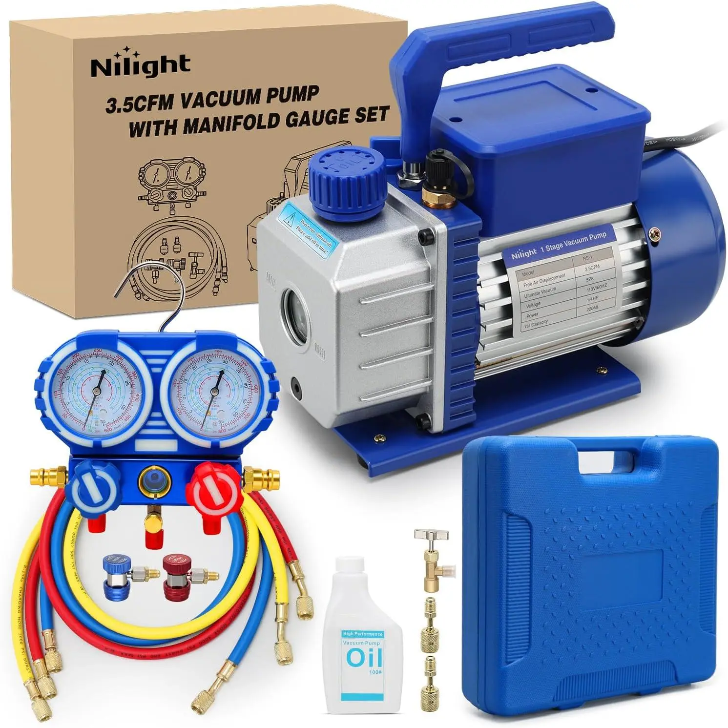 Nilight 3.5 CFM 1/4 HP 110V Single Stage Copper Motor AC Vacuum Pump & Gauge Set with Gauge Hoses, Oil Sight Glass for R22/R410a Refrigerant Vac, Auto HVAC Refrigerant Recharging Servicing Kit
