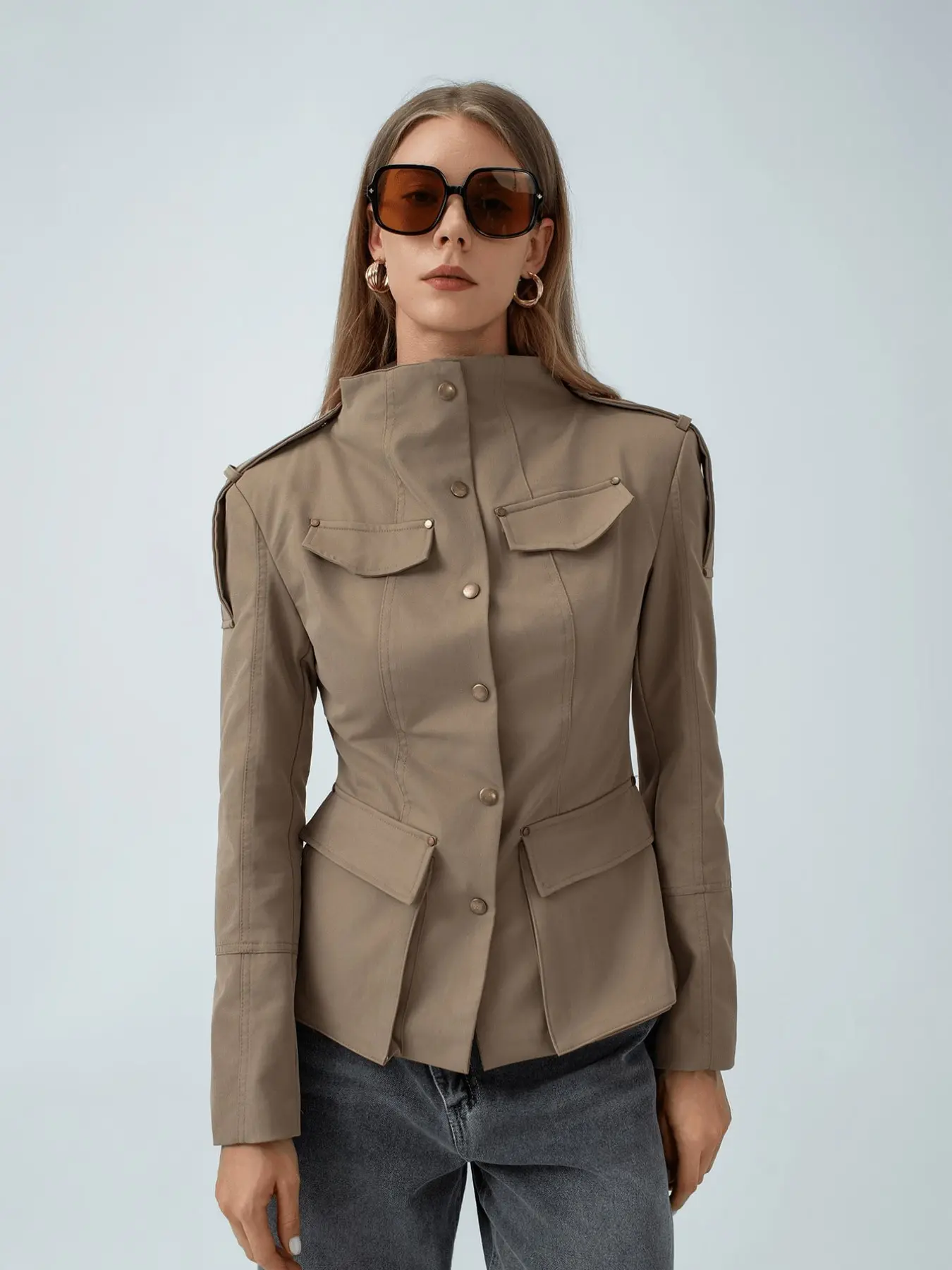 Women's Four-Season Minimalist Commuter Workwear Stand Collar Jacket, Shoulder Seam Design, Padded Pocket, Slim Fit, Spring Fall Outerwear